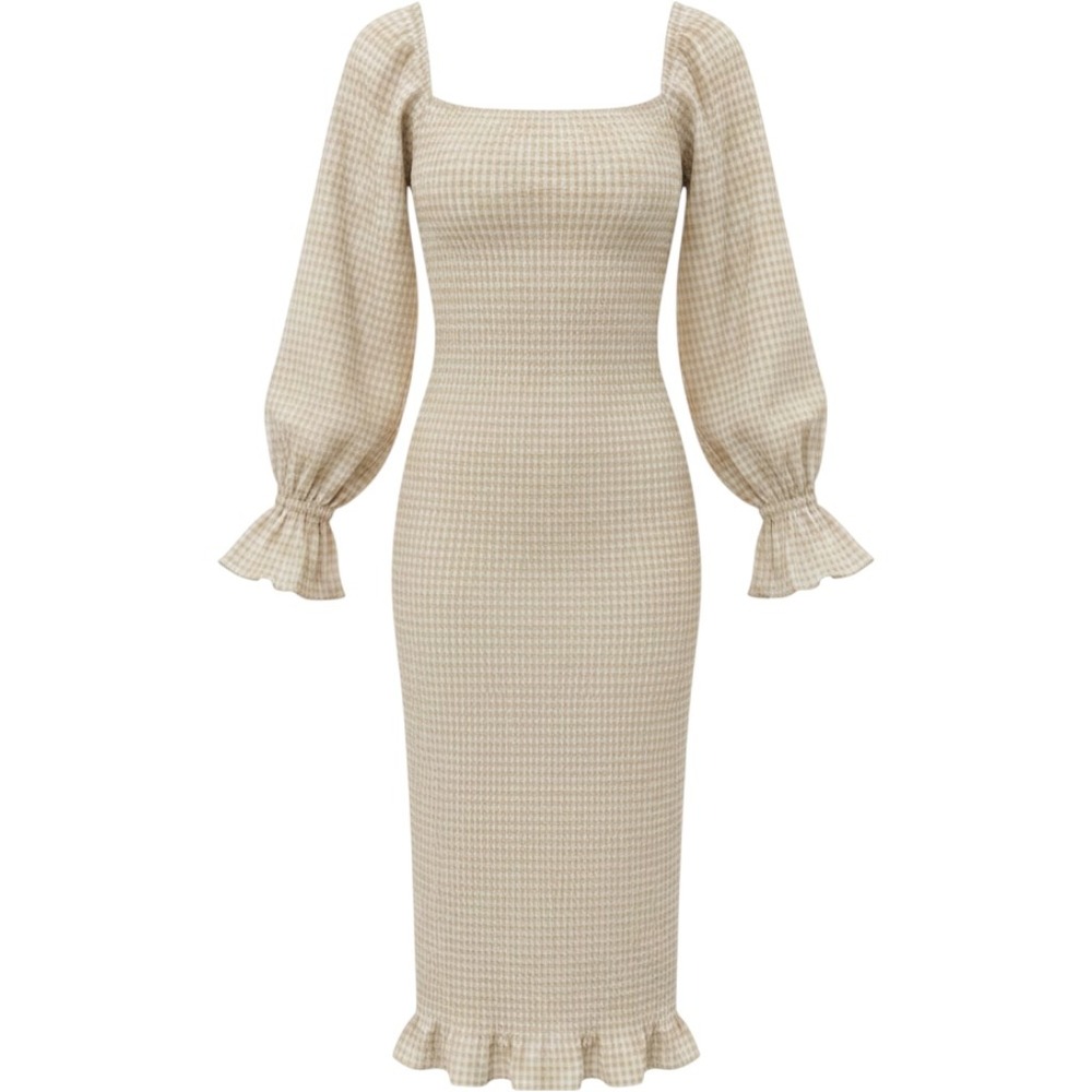 SNDYS Gingham Smocked Midi Dress Tan White Balloon Sleeve Ruffle Hem Size 6 NEW